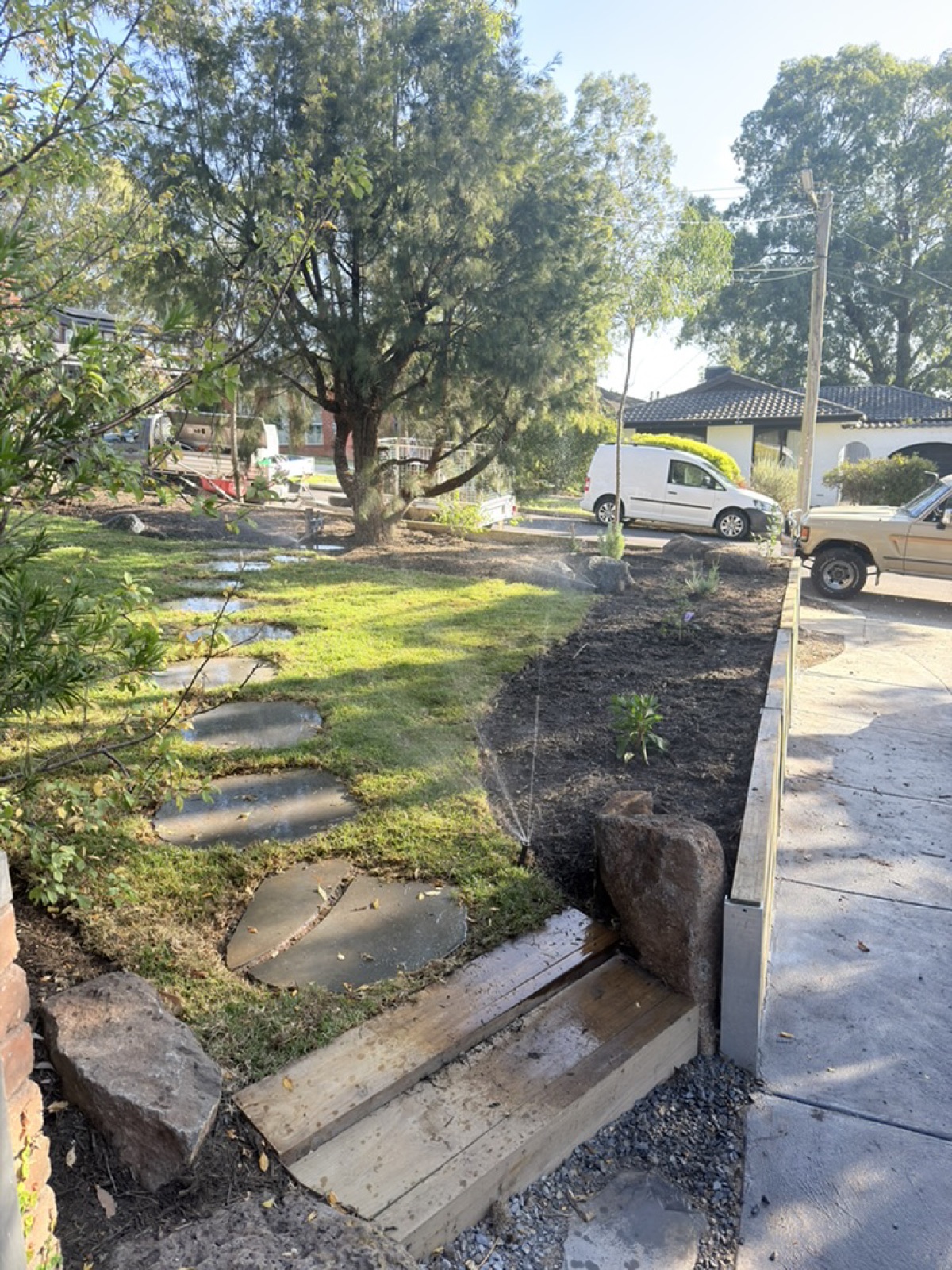 Timber retaining and front path work at a Blackburn South home